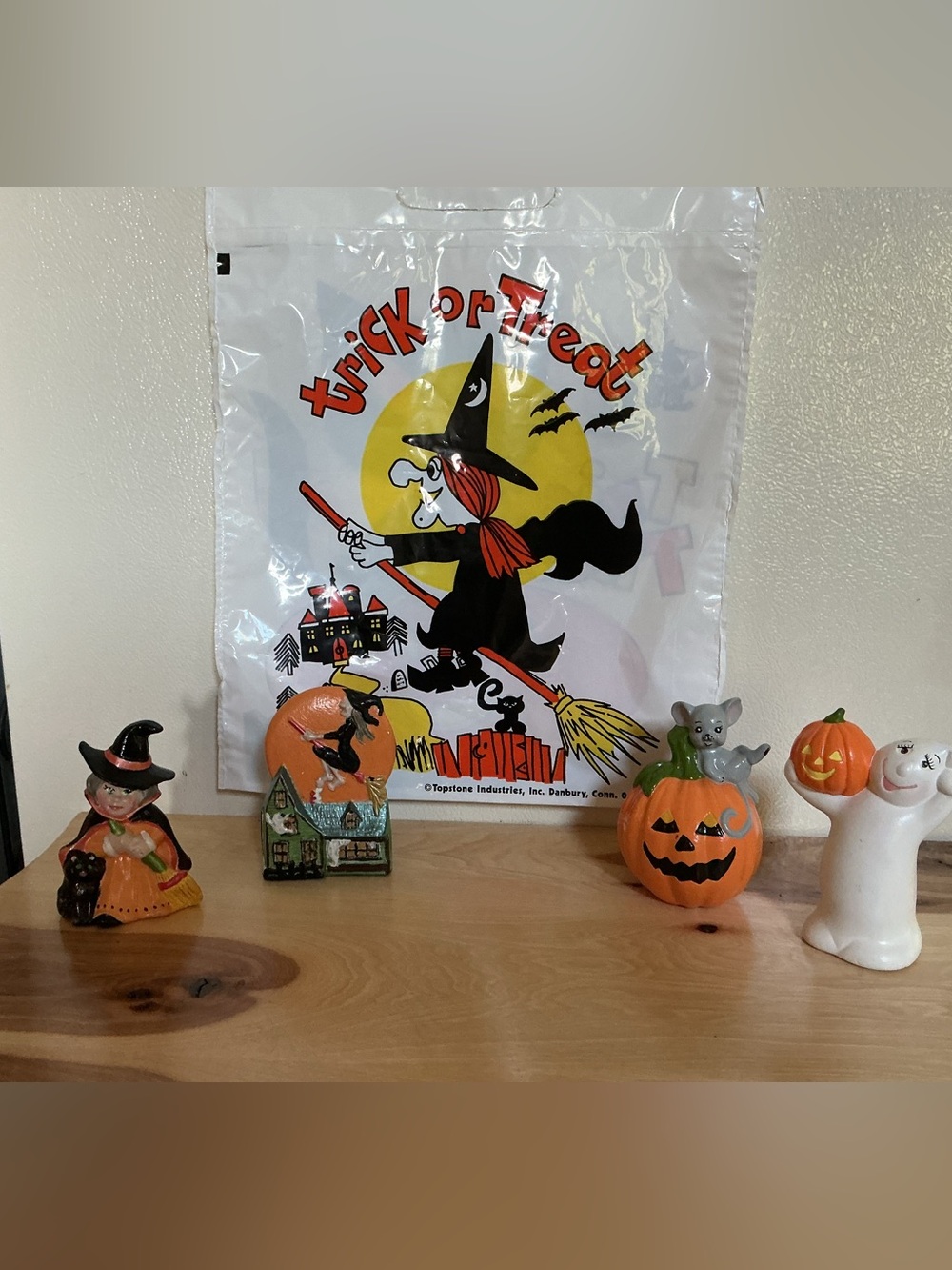 Halloween Lot of Hand-painted 1980’s Ceramic Pieces &  Trick or TreatBag